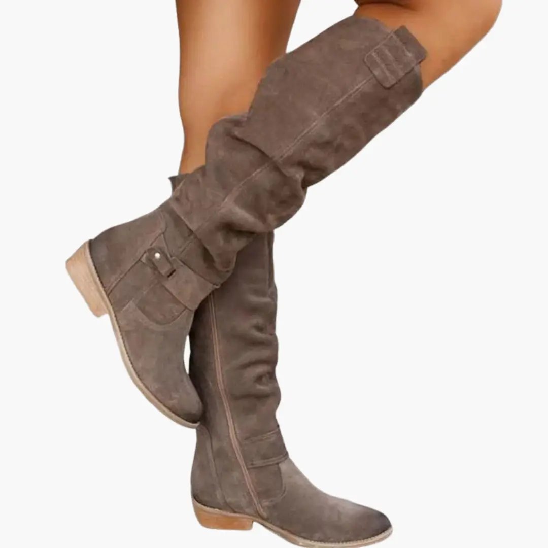 Wilfred Smith women's knee-high boots with side zipper, brown suede, low heel