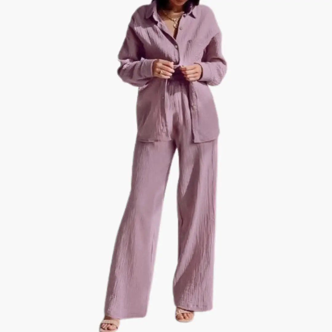 Women’s Button-Down Shirt and Wide-Leg Pants Set in mauve crinkled fabric, two-piece outfit by Wilfred Smith