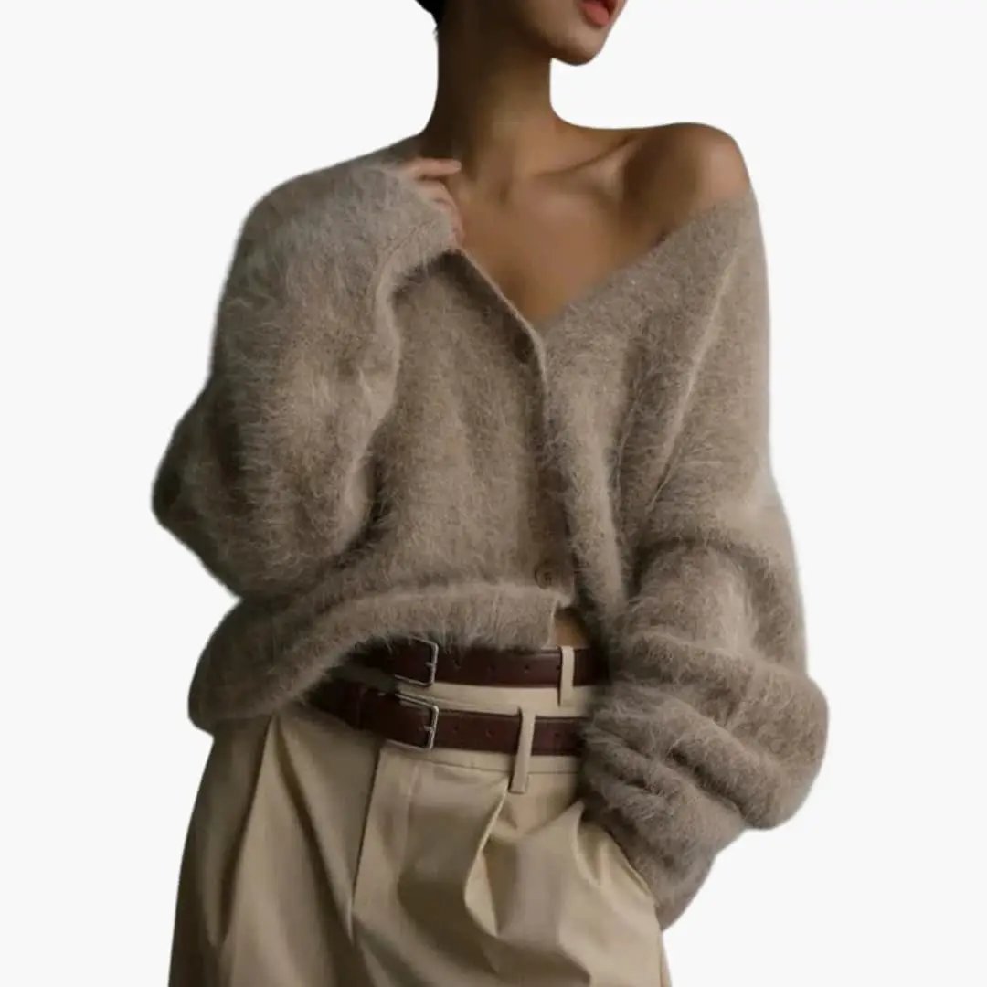 Women’s Button-Front Knit Cardigan in taupe fluffy knit, ribbed trim, oversized fit.