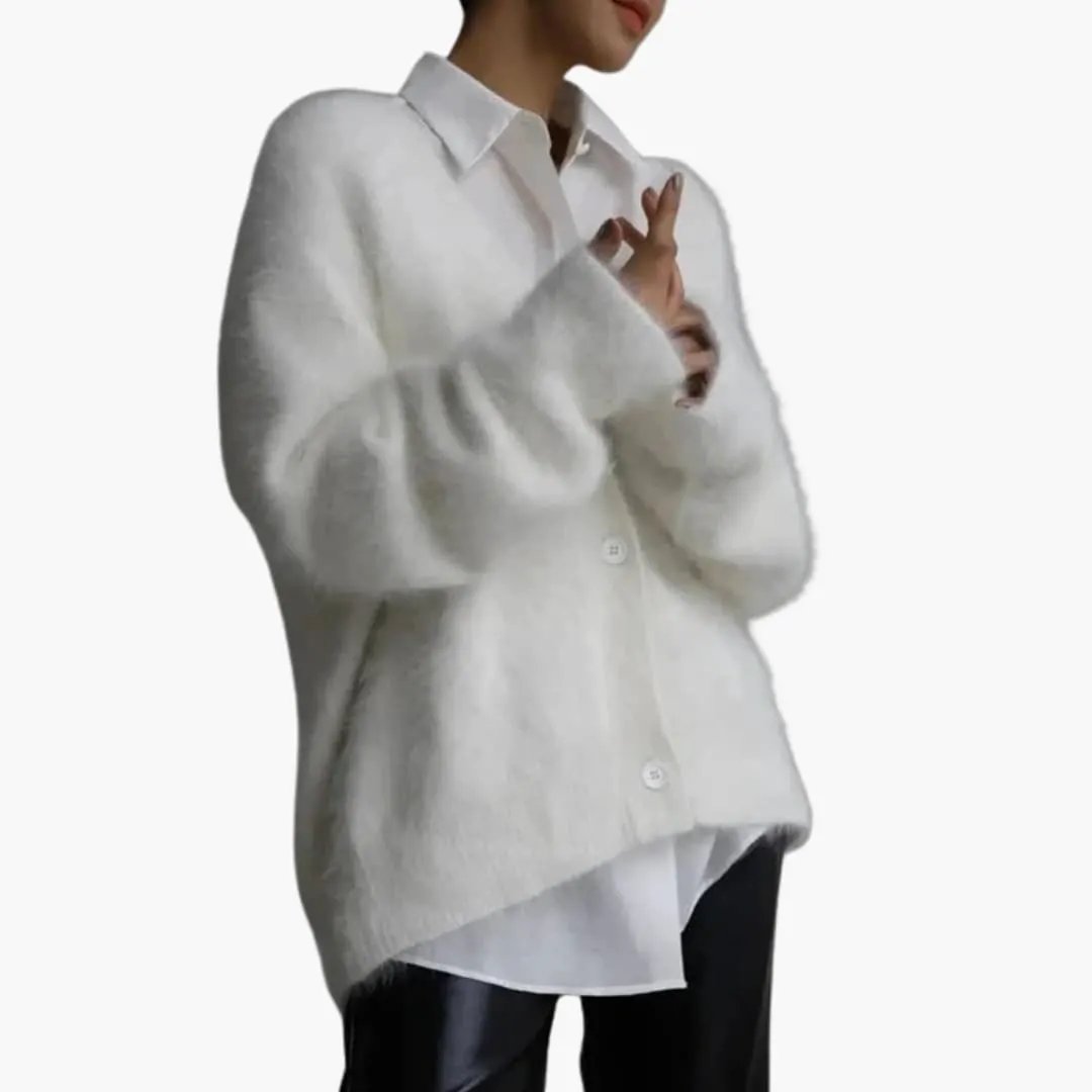 Women’s white knit cardigan with button-front, oversized fit.