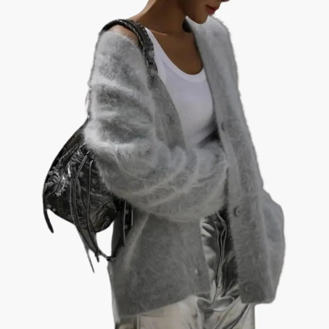 Women’s Button-Front Knit Cardigan in light gray fuzzy knit with ribbed trim, Wilfred Smith