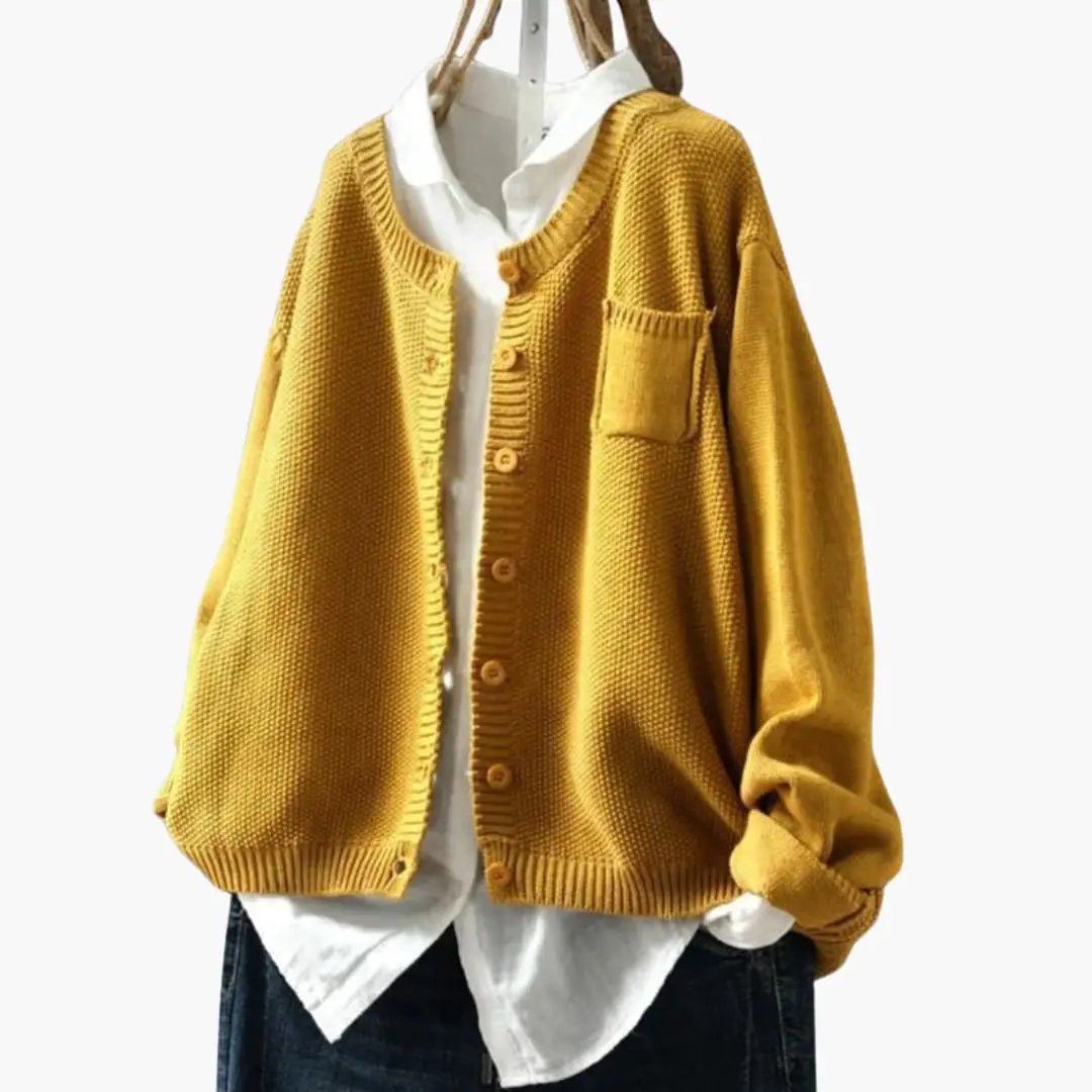 Women's mustard yellow button-up cardigan with chest pocket and textured knit