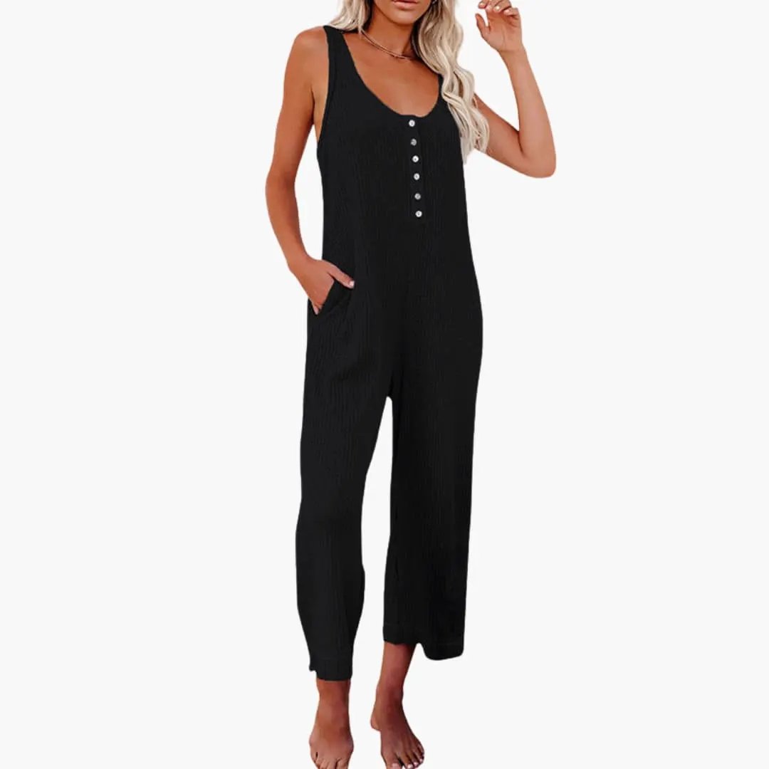 Women's Button Front Jumpsuit with Pockets, black, sleeveless, one-piece