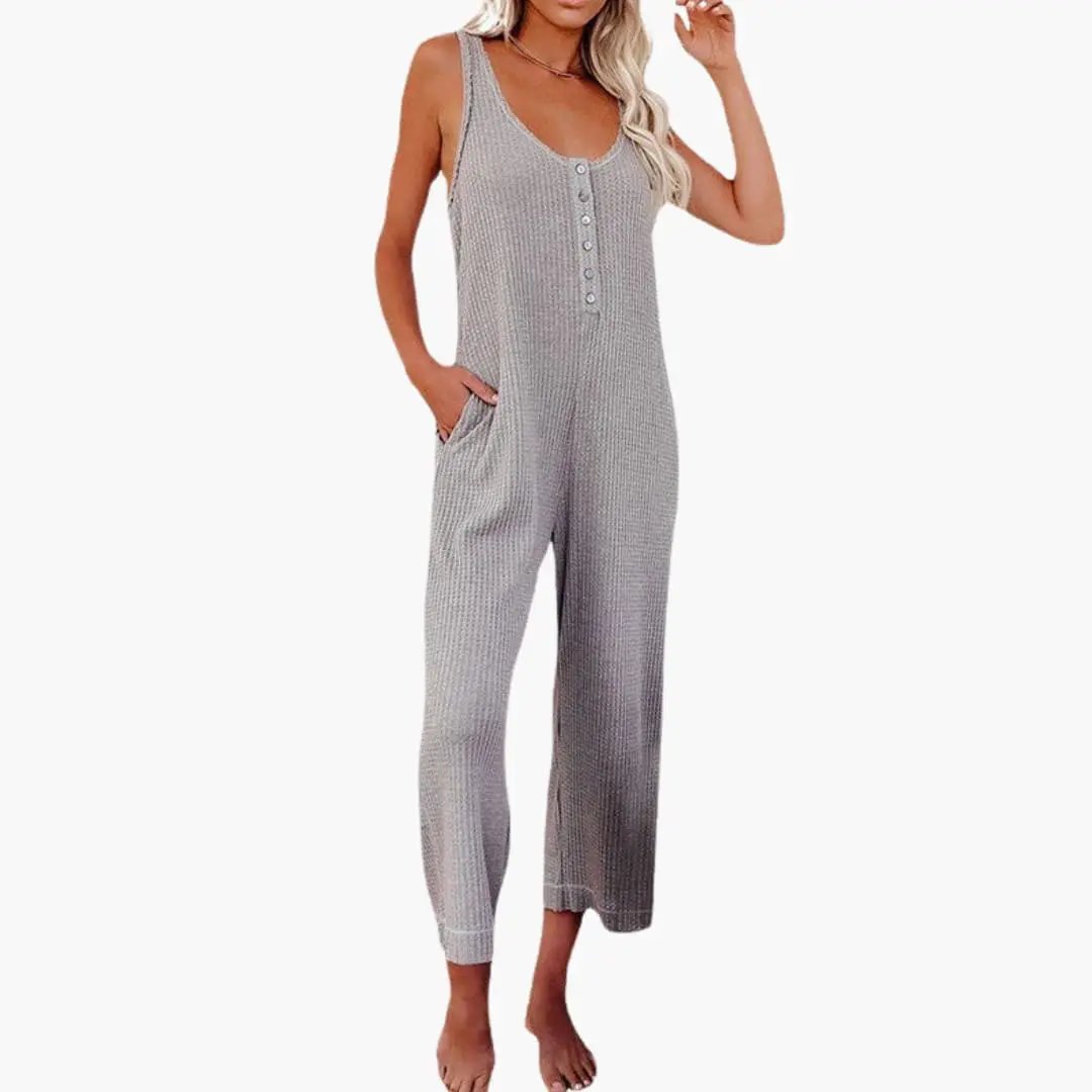 Women’s Button Front Jumpsuit with Pockets by Wilfred Smith in gray, sleeveless