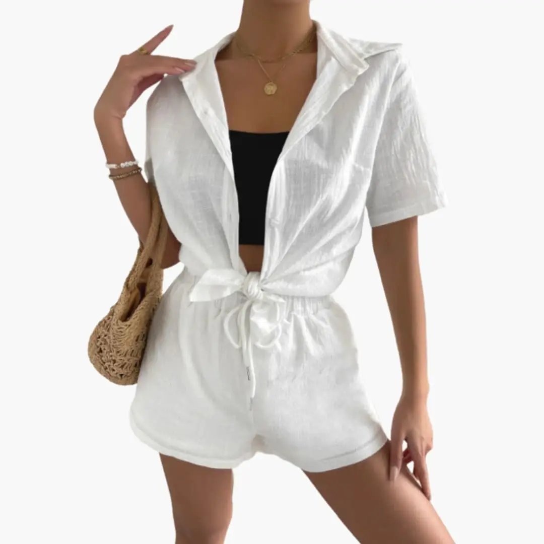 Women's Button Front Shirt and Drawstring Waist Shorts Two-Piece Set by Wilfred Smith, white linen look