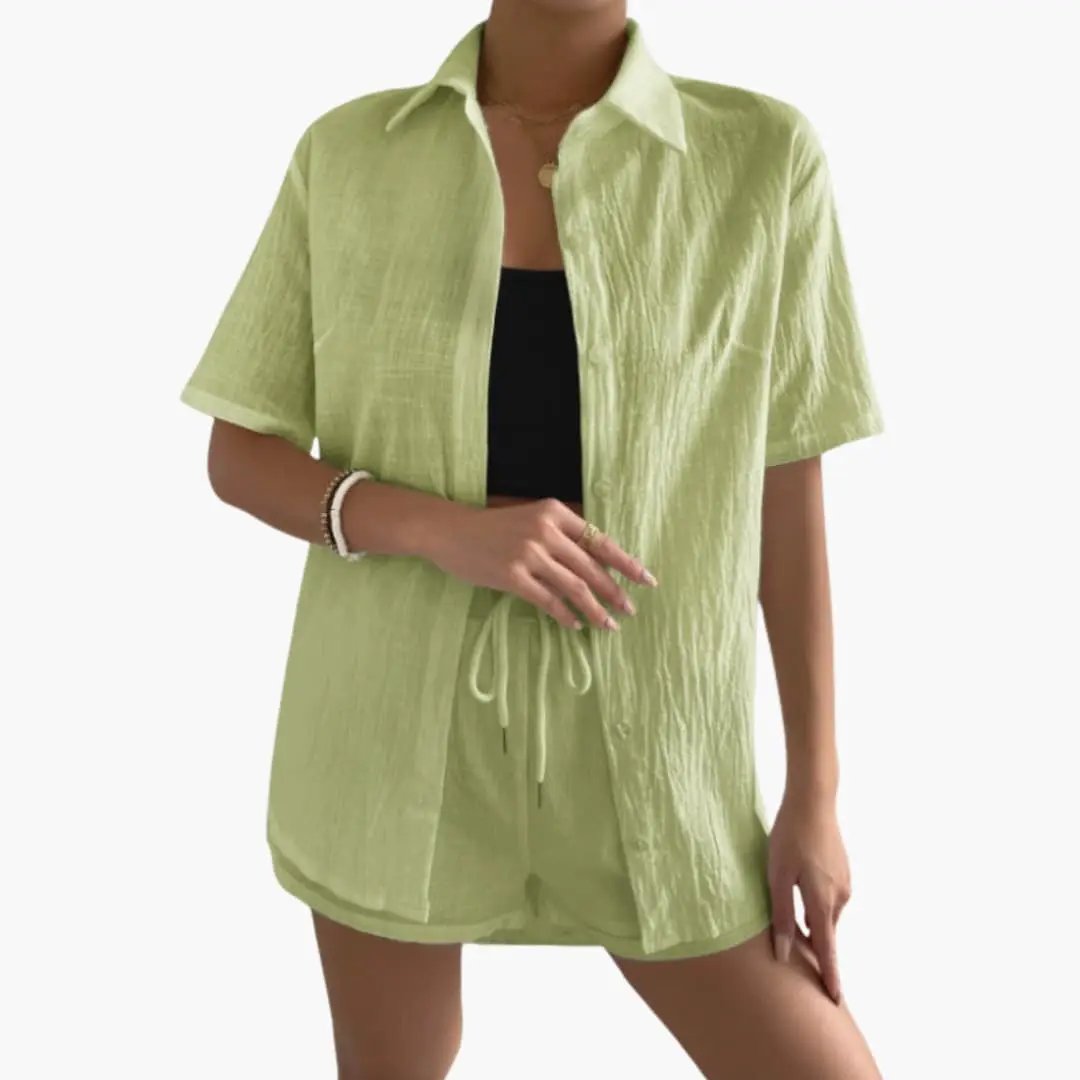 Women's Button Front Shirt and Drawstring Waist Shorts Two-Piece Set, lime green linen-like fabric.