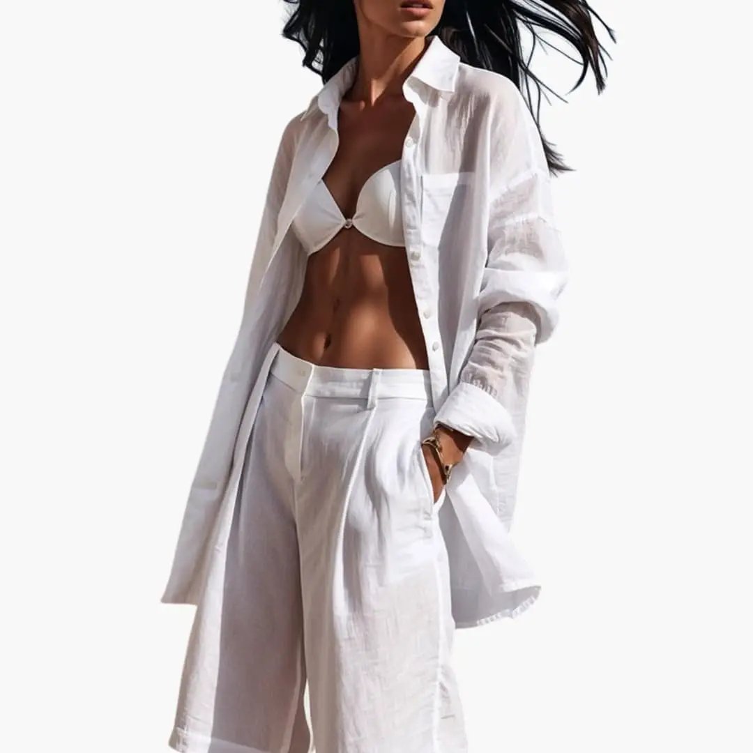 Women's Two-Piece Outfit by Wilfred Smith: white button-front shirt and wide-leg trousers.