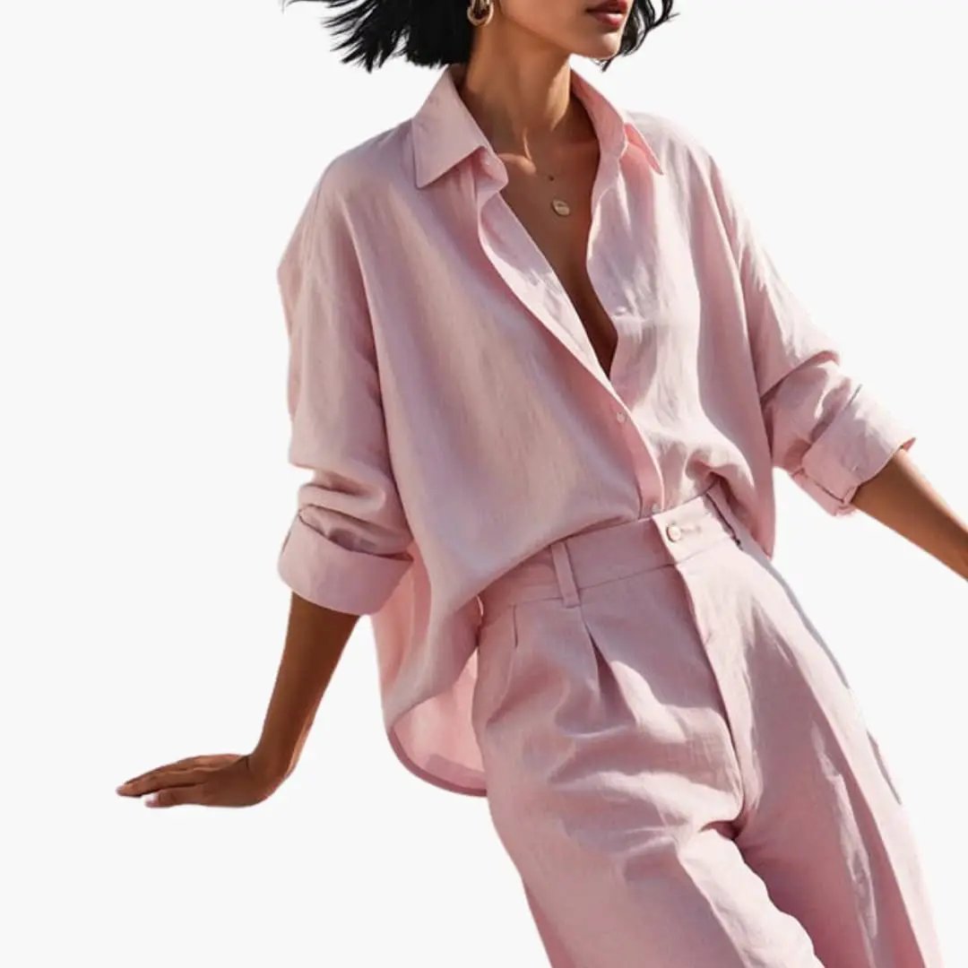 Women's two-piece set in pink: button-front shirt and wide-leg trousers by Wilfred Smith