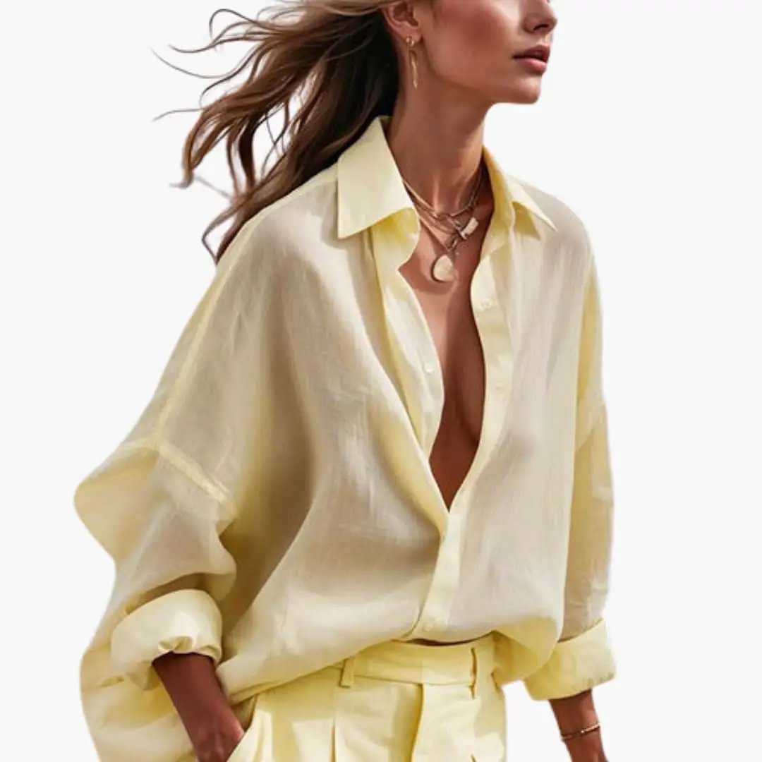 Women's pale yellow button-front shirt and wide-leg trousers two-piece set by Wilfred Smith