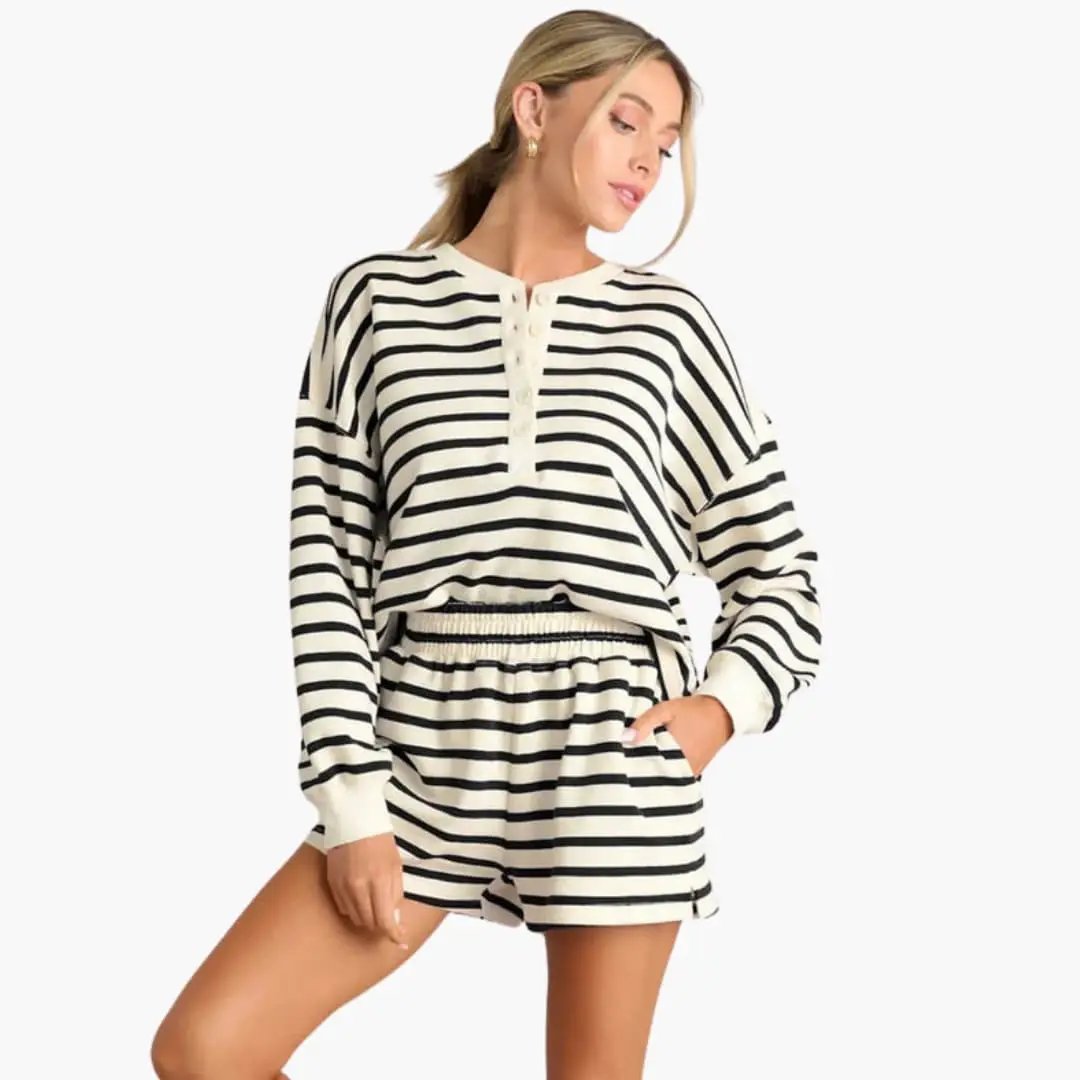 Women's Button Placket Top and Elastic Waist Shorts Two-Piece Set in cream with black stripes