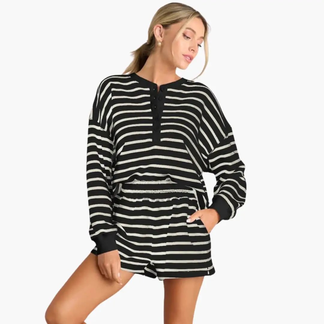 Women's button placket top and elastic-waist shorts two-piece set in black and white stripes, Wilfred Smith