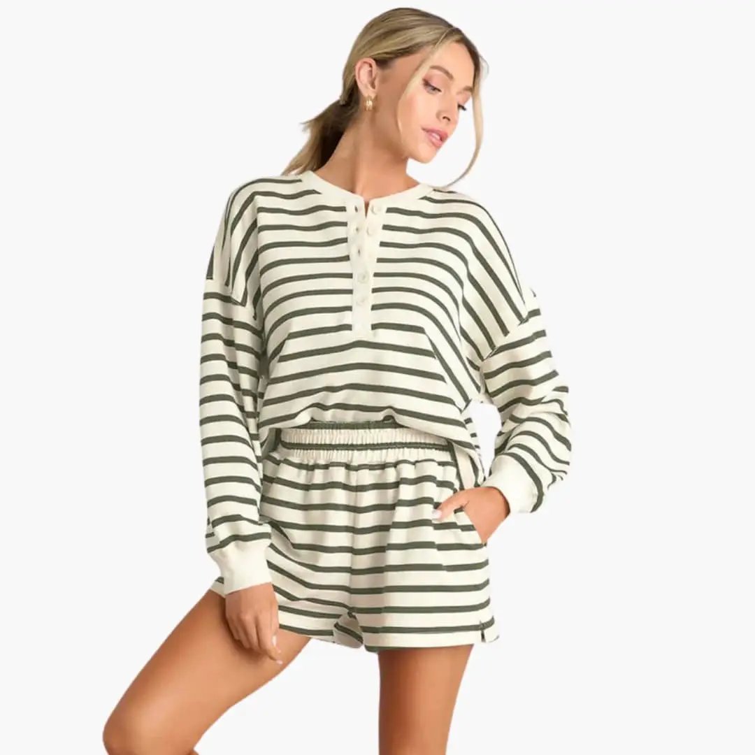 Women's Button Placket Top and Elastic Waist Shorts Two-Piece Set in cream with dark green stripes.