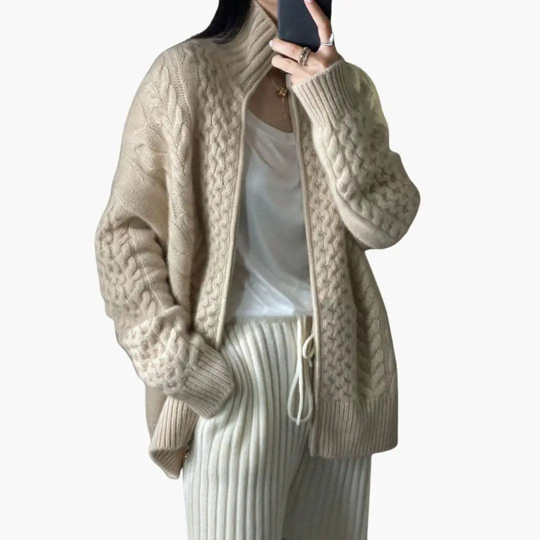 Women's cardigan with high collar in beige cable-knit, oversized open-front style