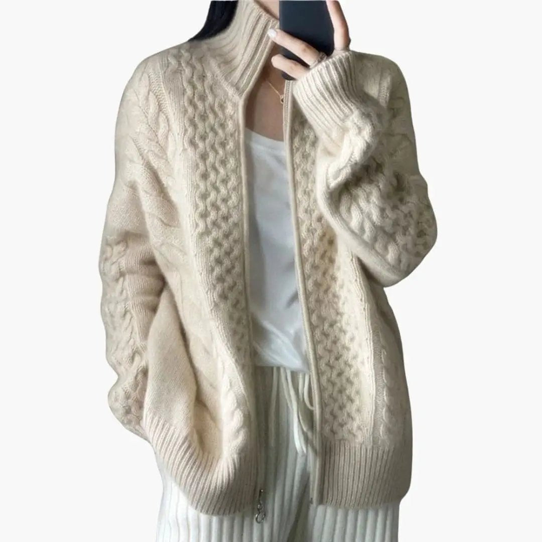 Women's Cardigan with High Collar in cream cable-knit, oversized fit with zip front and ribbed cuffs.