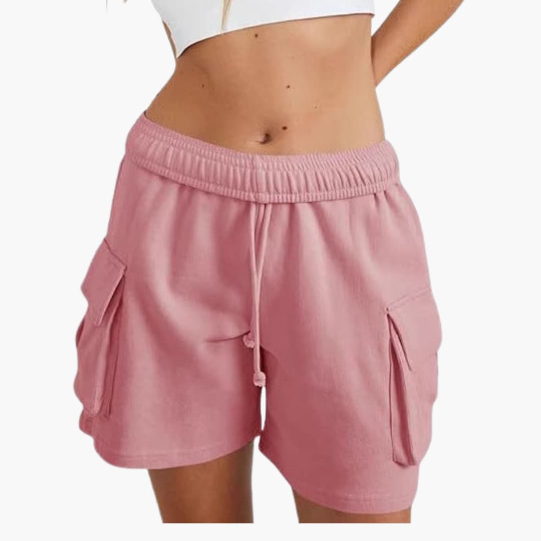 Women's cargo shorts pink cotton-blend with elastic waist and utility pockets