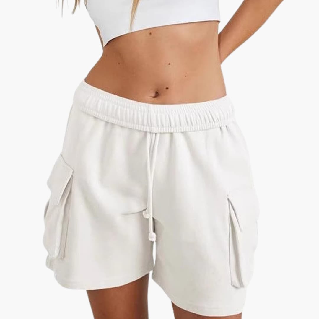 Women's cargo shorts with elastic waist, white cotton-blend fabric and utility pockets by Wilfred Smith
