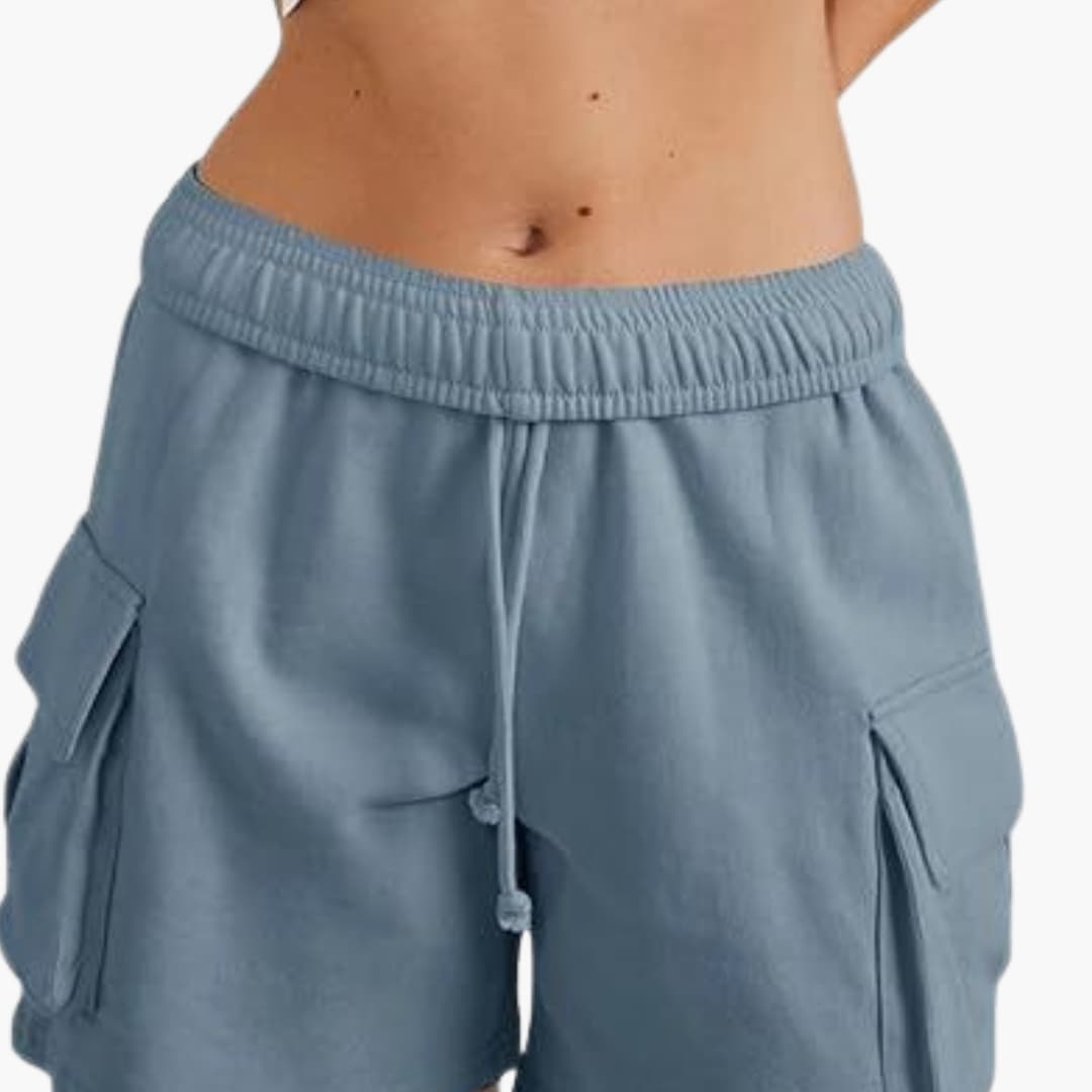 Women's cargo shorts by Wilfred Smith with elastic waist and utility pockets in blue cotton blend