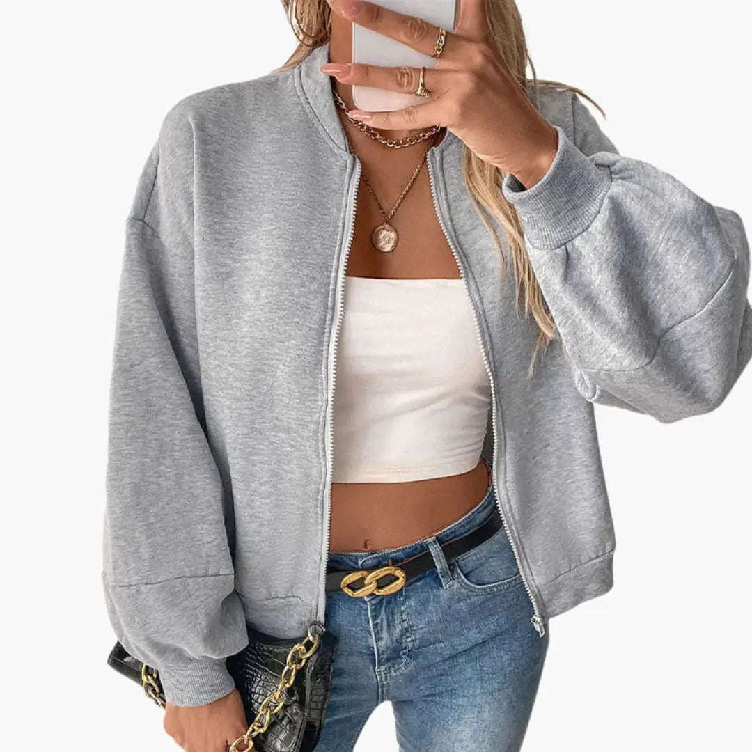 Wilfred Smith Women’s Bomber Jacket, grey zip-front with voluminous sleeves