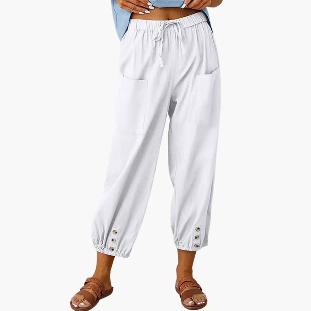 Women's casual pants with drawstring waist and side pockets, light gray, jogger-style with buttoned ankle cuffs