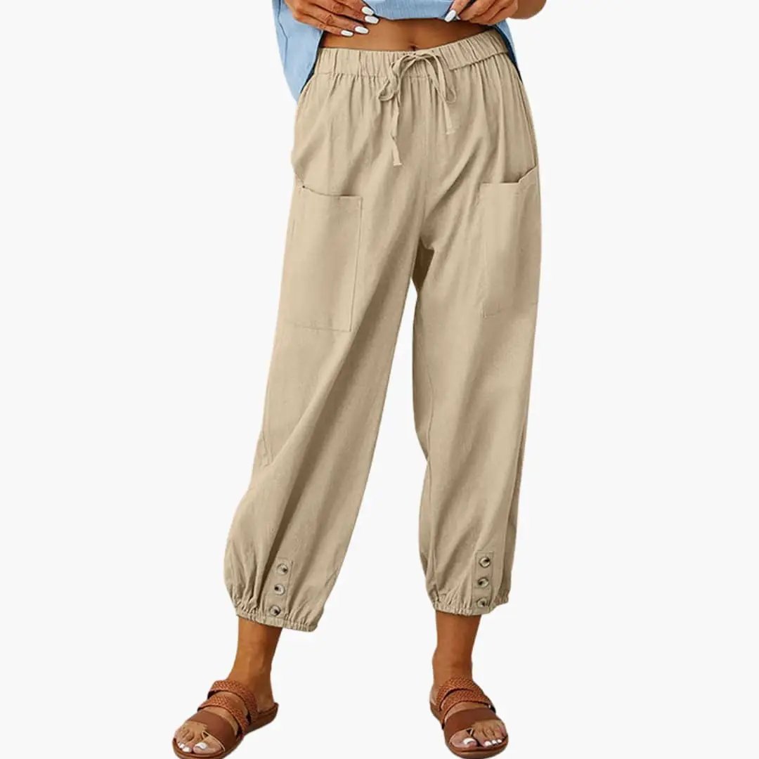 Women’s casual pants with drawstring waist and side pockets in beige