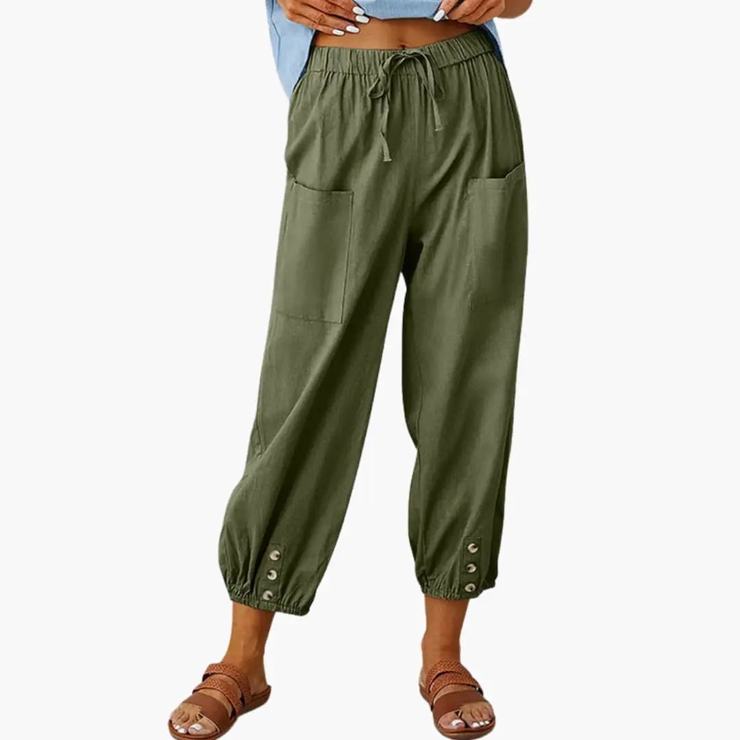 Women’s olive green casual trousers with drawstring waist and side pockets