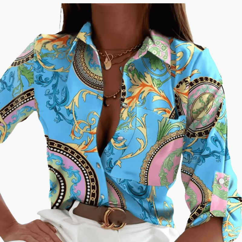 Women’s Classic Long Sleeve Blouse by Wilfred Smith in bright blue paisley print