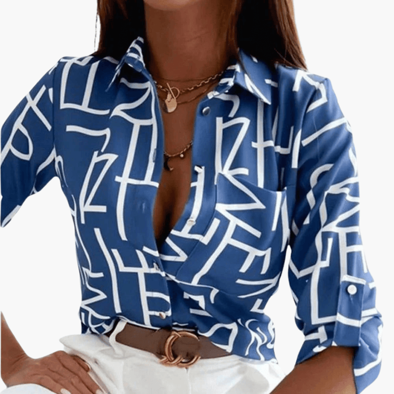 Women’s blouse, blue geometric print with white lines, long sleeves