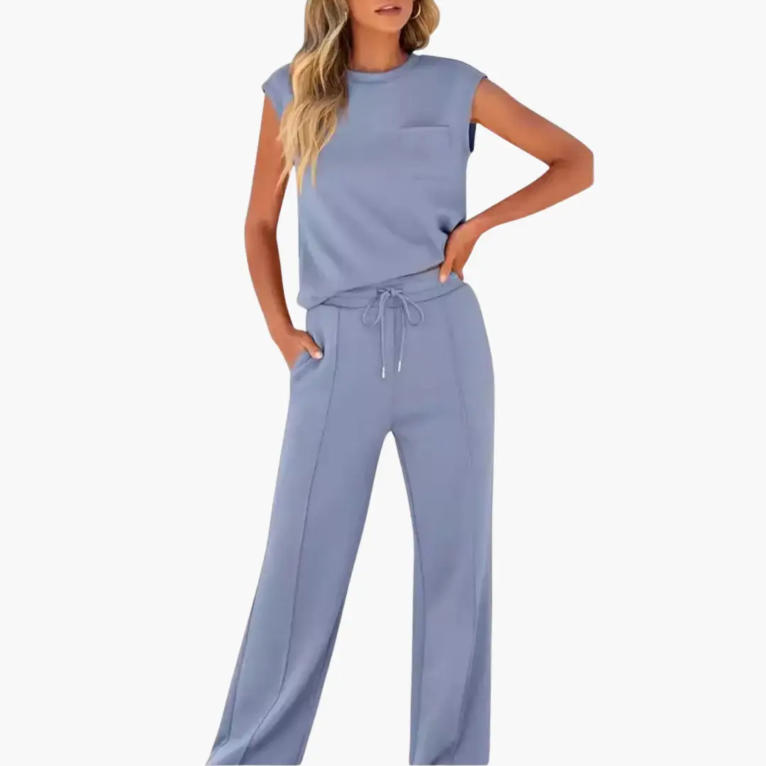 Wilfred Smith women's co-ord set, two-piece summer outfit in dusty blue with short-sleeve top and drawstring pants