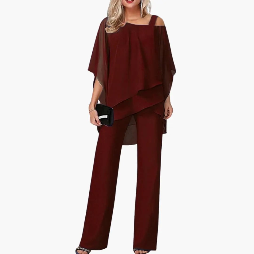 Women’s cold-shoulder wide-leg jumpsuit in burgundy with sheer layered overlay