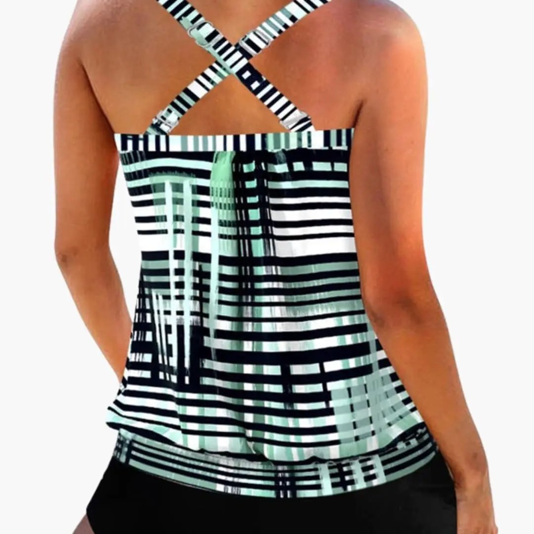 Women’s collared striped tankini swimsuit with shorts, back view with cross-back straps, stripes, Wilfred Smith