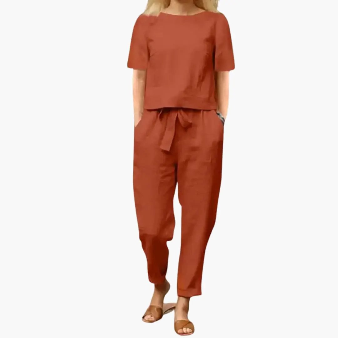 Women’s Coordinated Jumpsuit Set with Straight Leg Trousers in rust-orange, matching top and tied waist belt