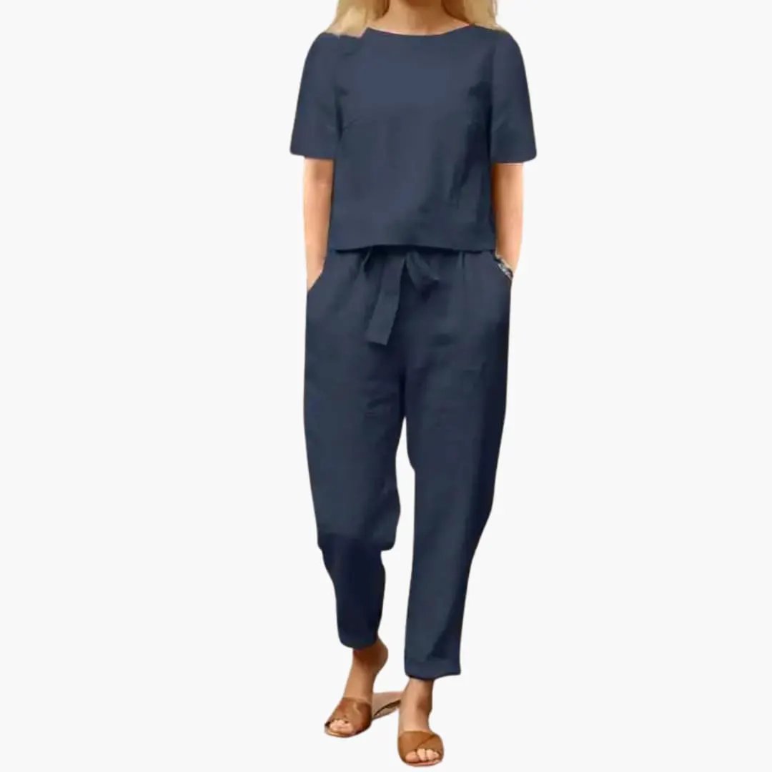 Women’s Coordinated Jumpsuit Set with Straight-Leg Trousers in navy blue with belted waist by Wilfred Smith.