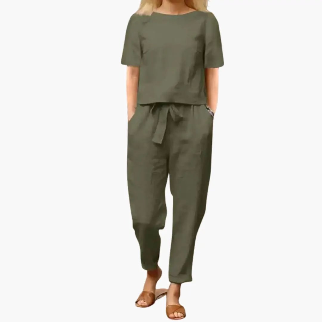 Women's Coordinated Jumpsuit Set in olive green with short sleeves, tie-waist belt and straight-leg trousers