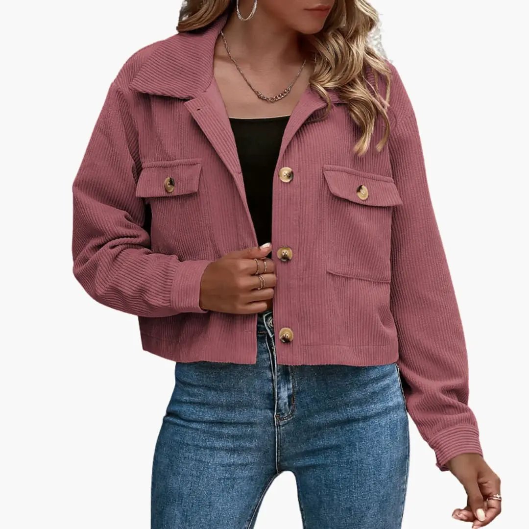 Women’s Corduroy Trucker Jacket with Lapel Collar in pink mauve by Wilfred Smith, cropped with front pockets.