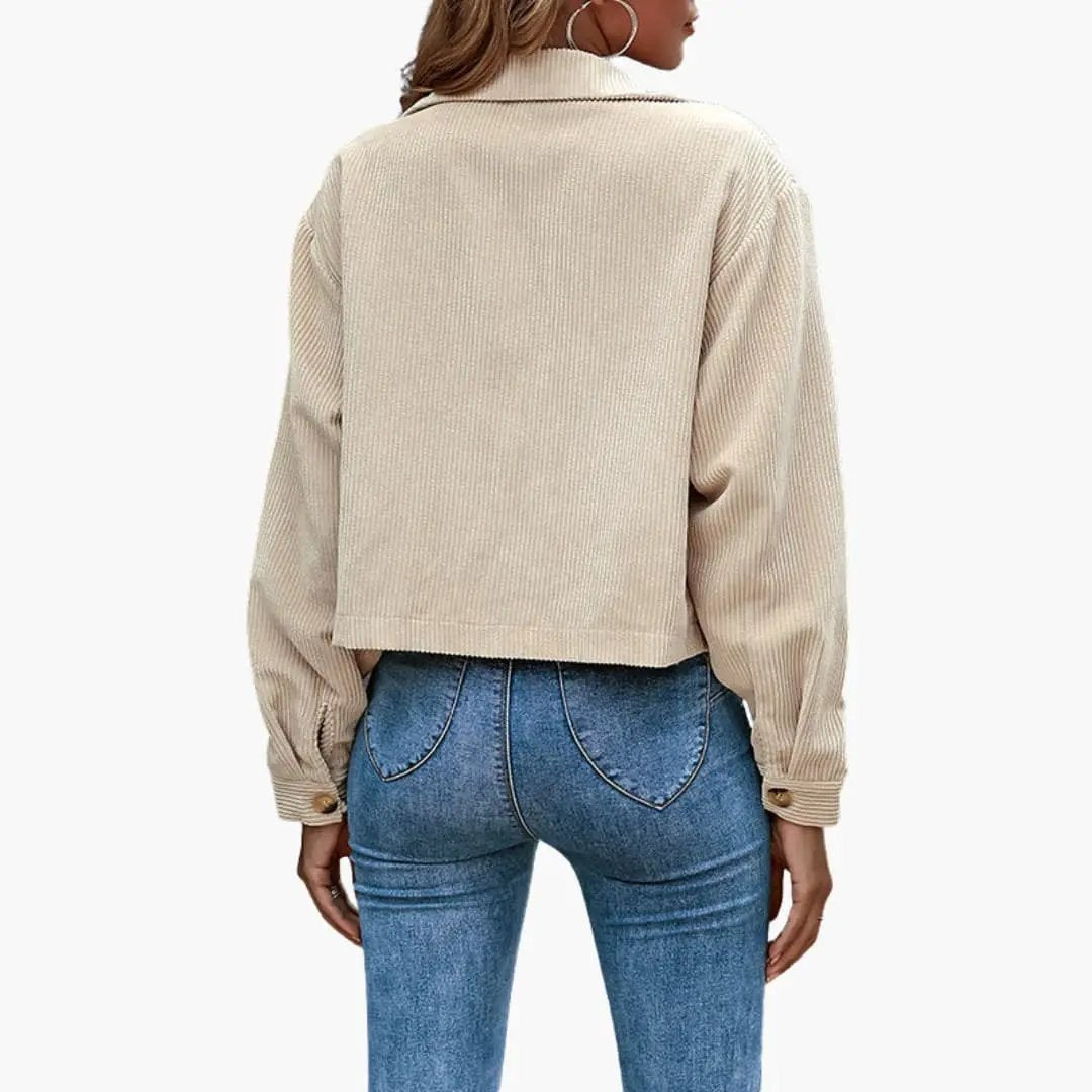 Women's corduroy trucker jacket, cropped beige with lapel collar