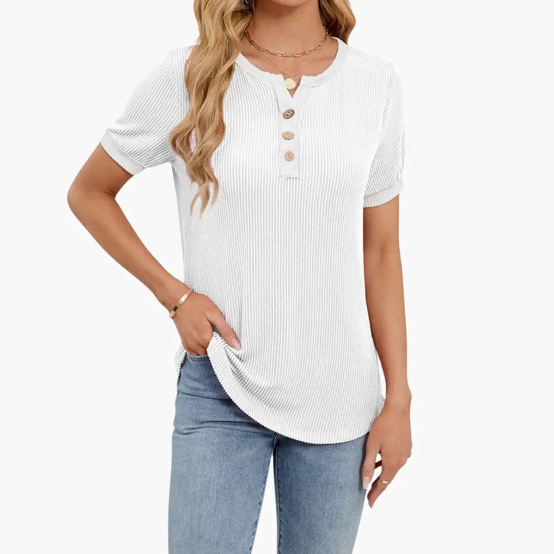 Women's white ribbed knit V-neck short-sleeve T-shirt with button placket
