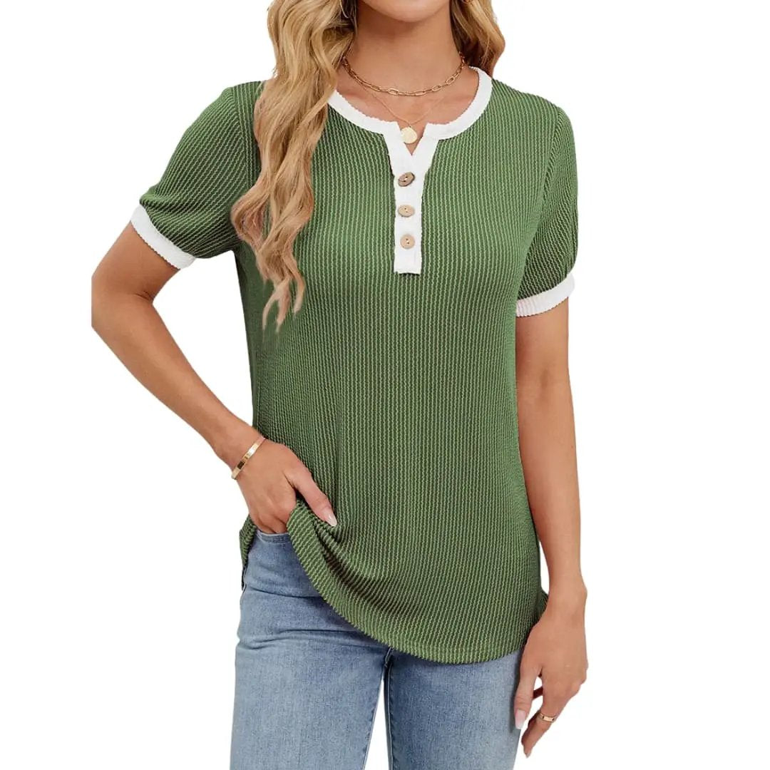 Women's Blend V-Neck Short Sleeve T-Shirt in olive green knit with white trim and wooden buttons