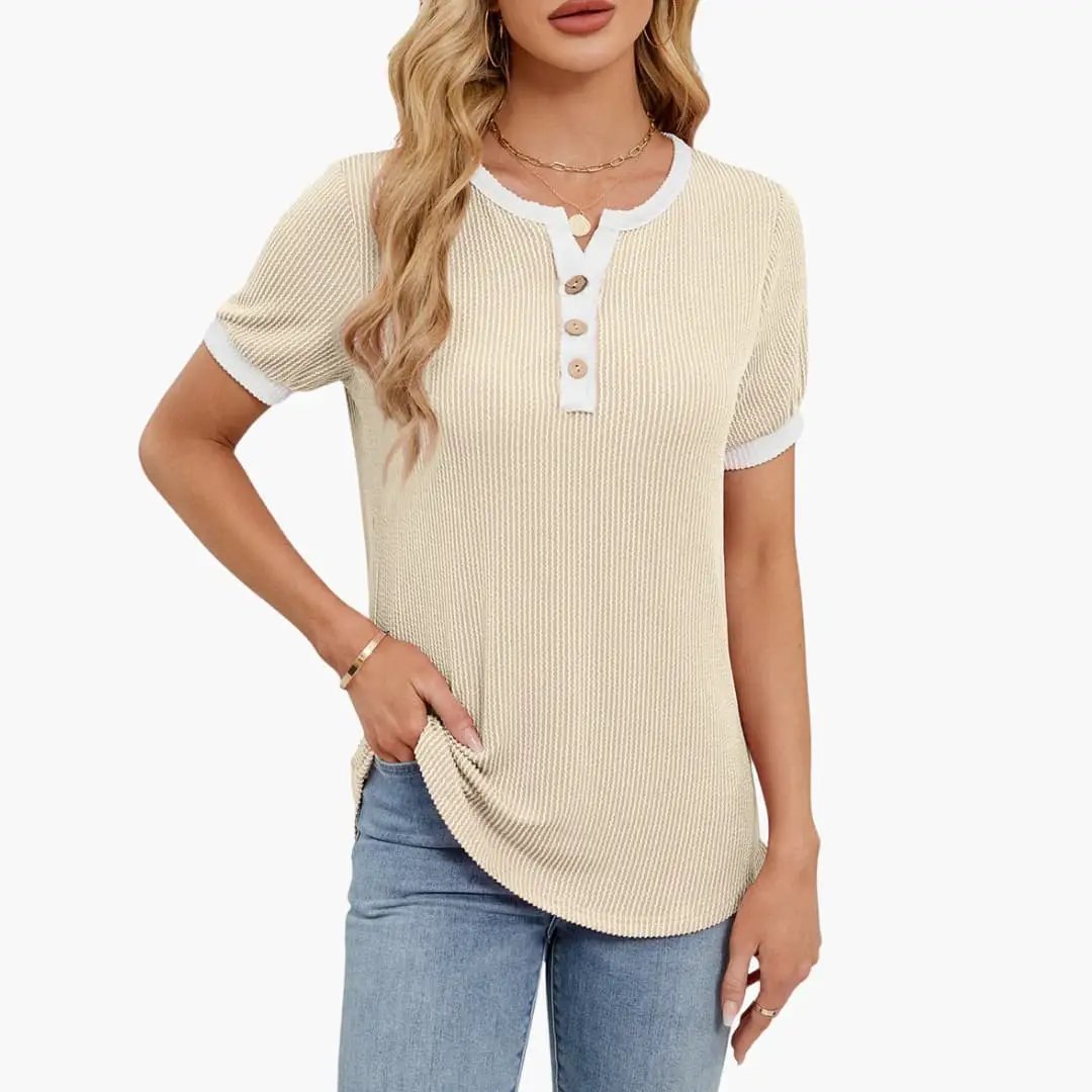Women’s Blend V-Neck Short Sleeve T-Shirt in beige ribbed knit with white trim and wooden buttons by Wilfred Smith