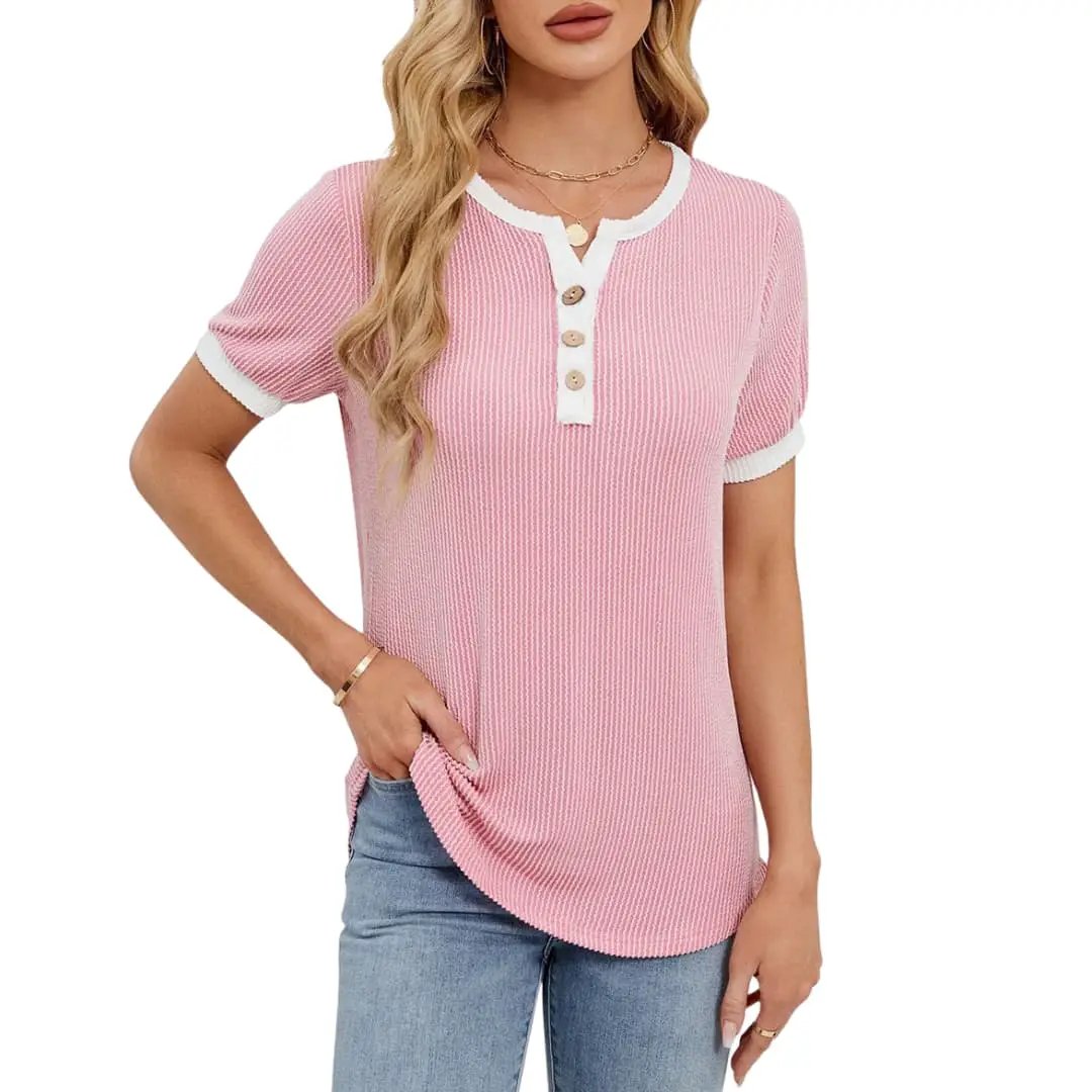Women’s Blend V-Neck Short Sleeve T-Shirt, pink knit with white trim and button placket, Wilfred Smith