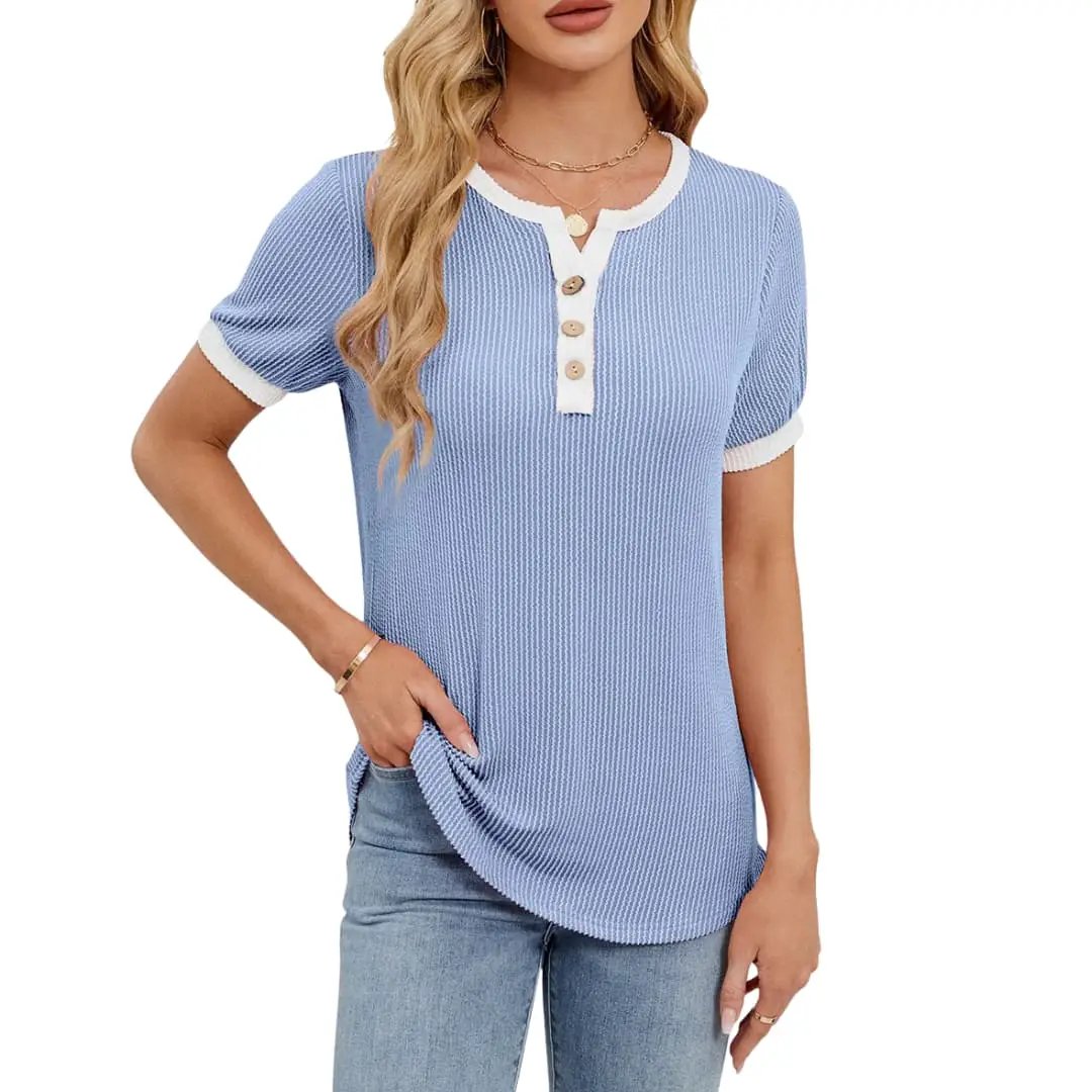 Women's Blend V-Neck Short Sleeve T-Shirt in light blue ribbed knit with white trim and button placket