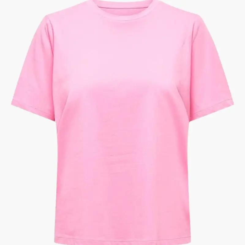 Women's pink crew-neck short-sleeve T-shirt, plain top