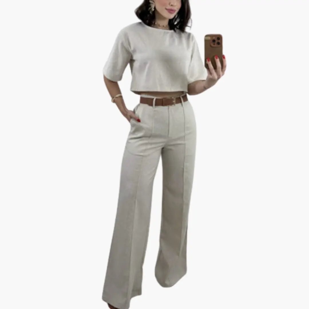 Women's two-piece set: cropped top and wide-leg beige trousers by Wilfred Smith