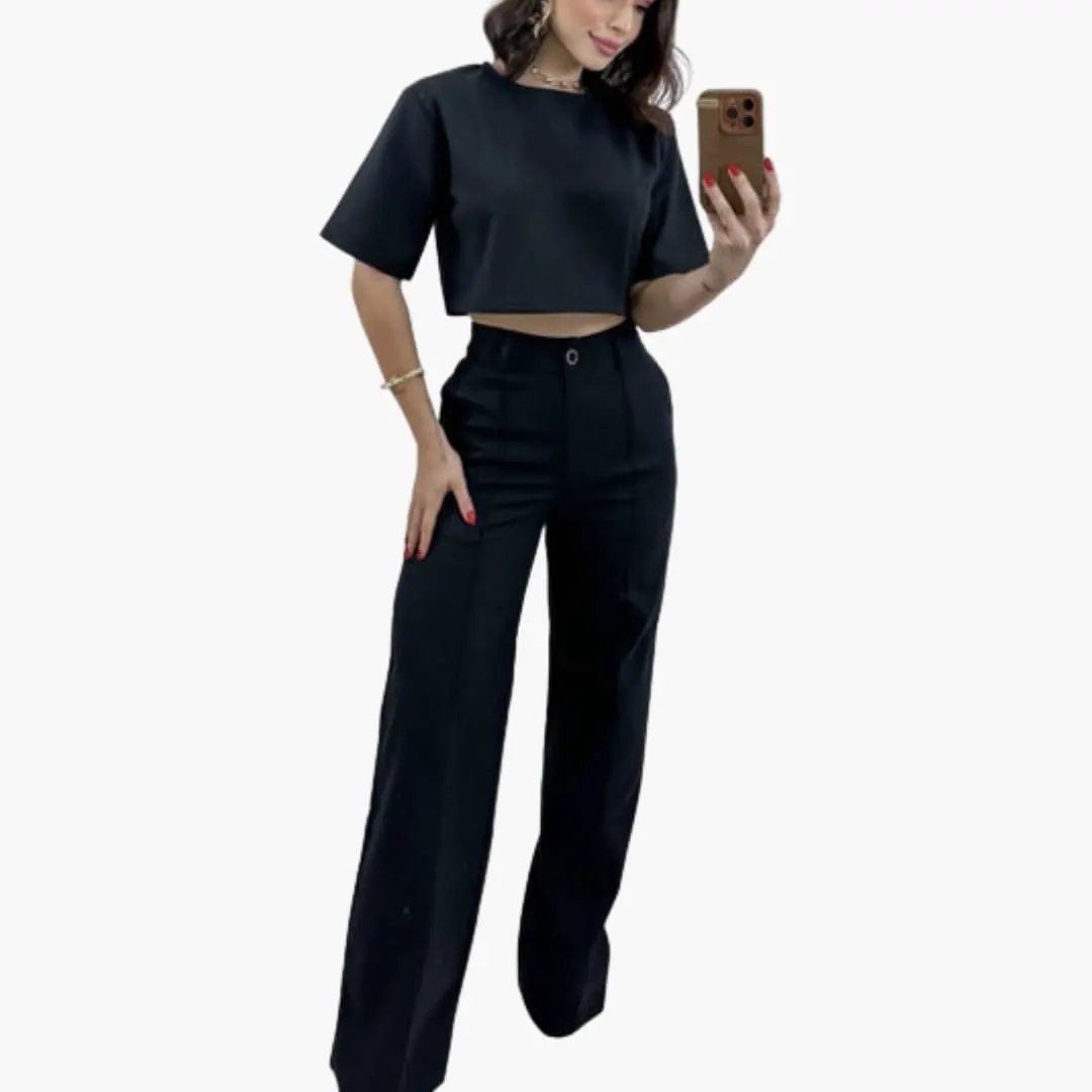 Women's two-piece set: black crop top with matching wide-leg trousers