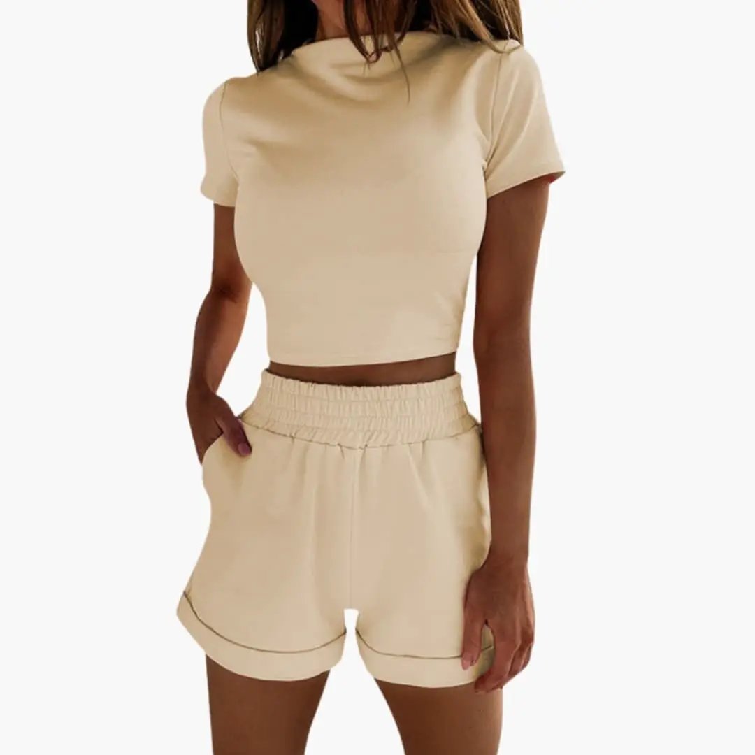 Women's crop top and elastic waist shorts two-piece set in beige by Wilfred Smith