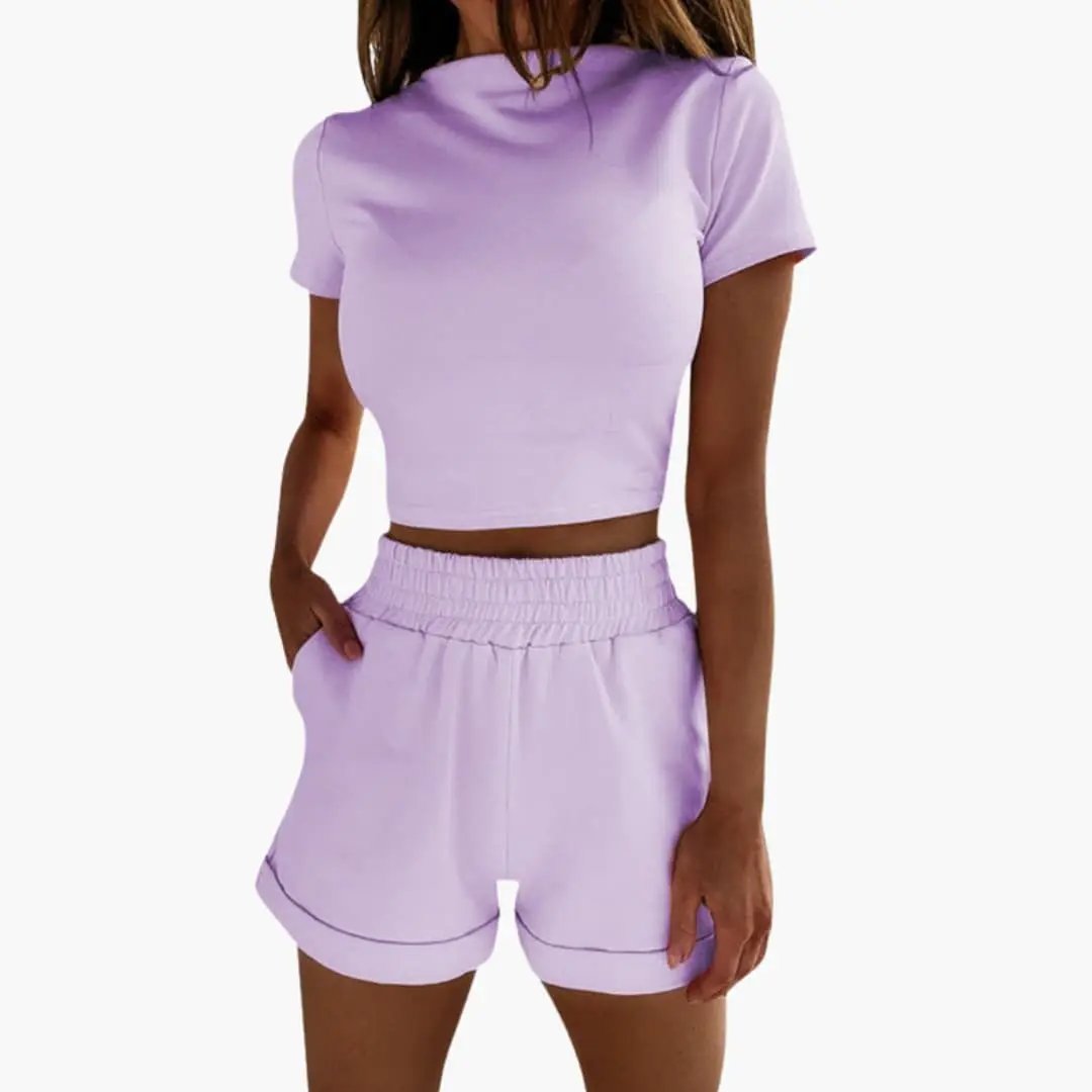 Women's Crop Top and Elastic Waist Shorts Two-Piece Set in lavender