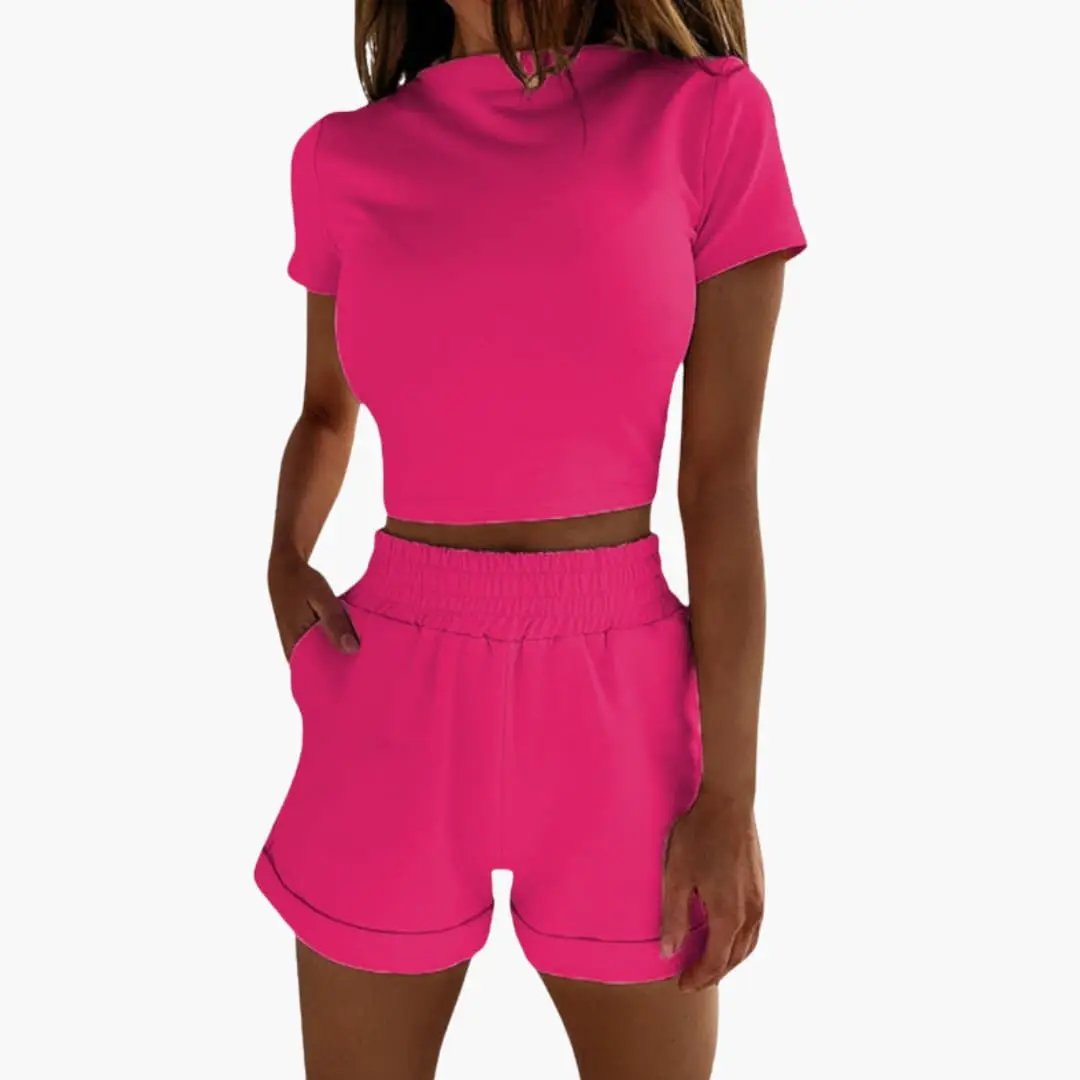 Women's crop top and elastic waist shorts two-piece set in hot pink