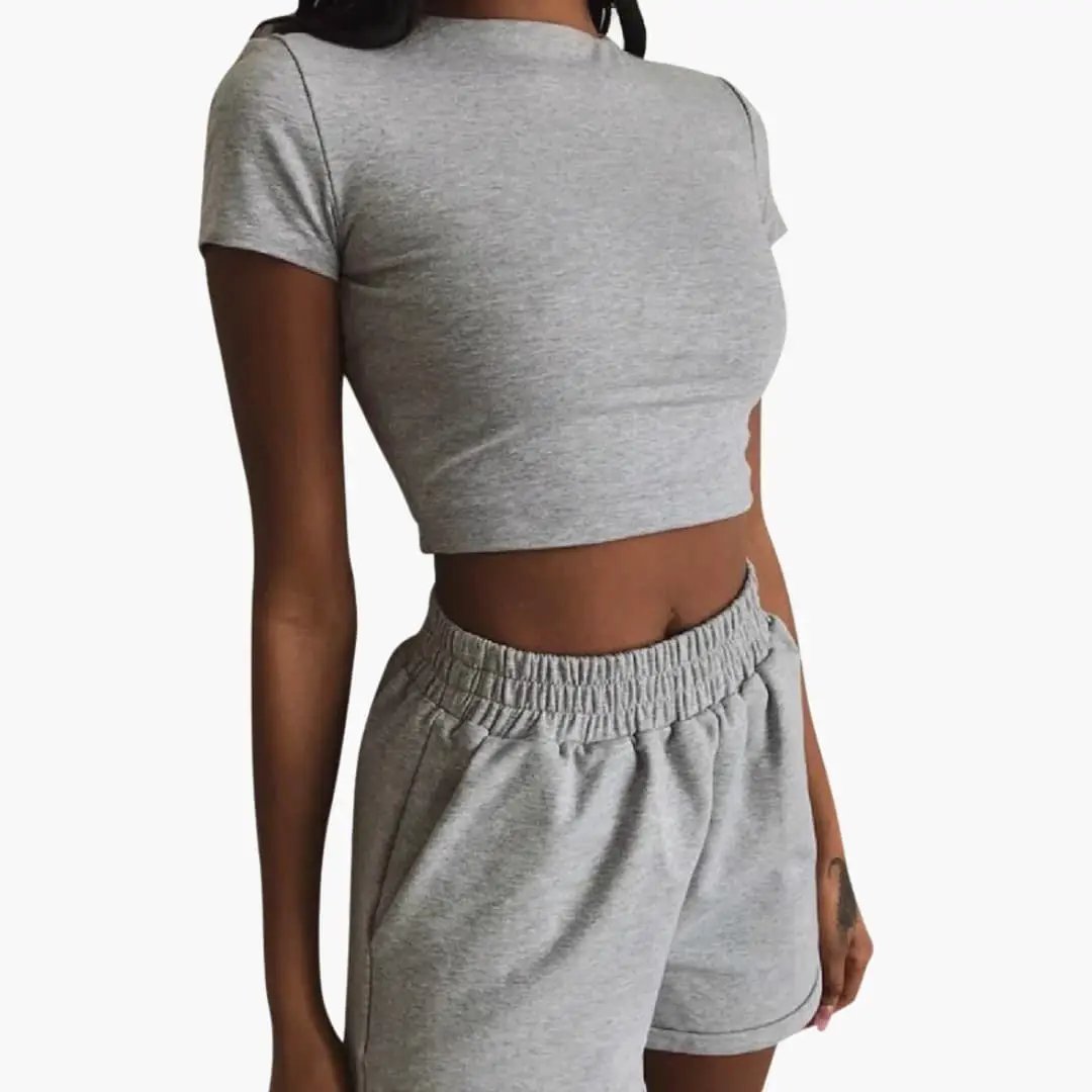 Women's crop top and shorts two-piece set in gray, casual loungewear