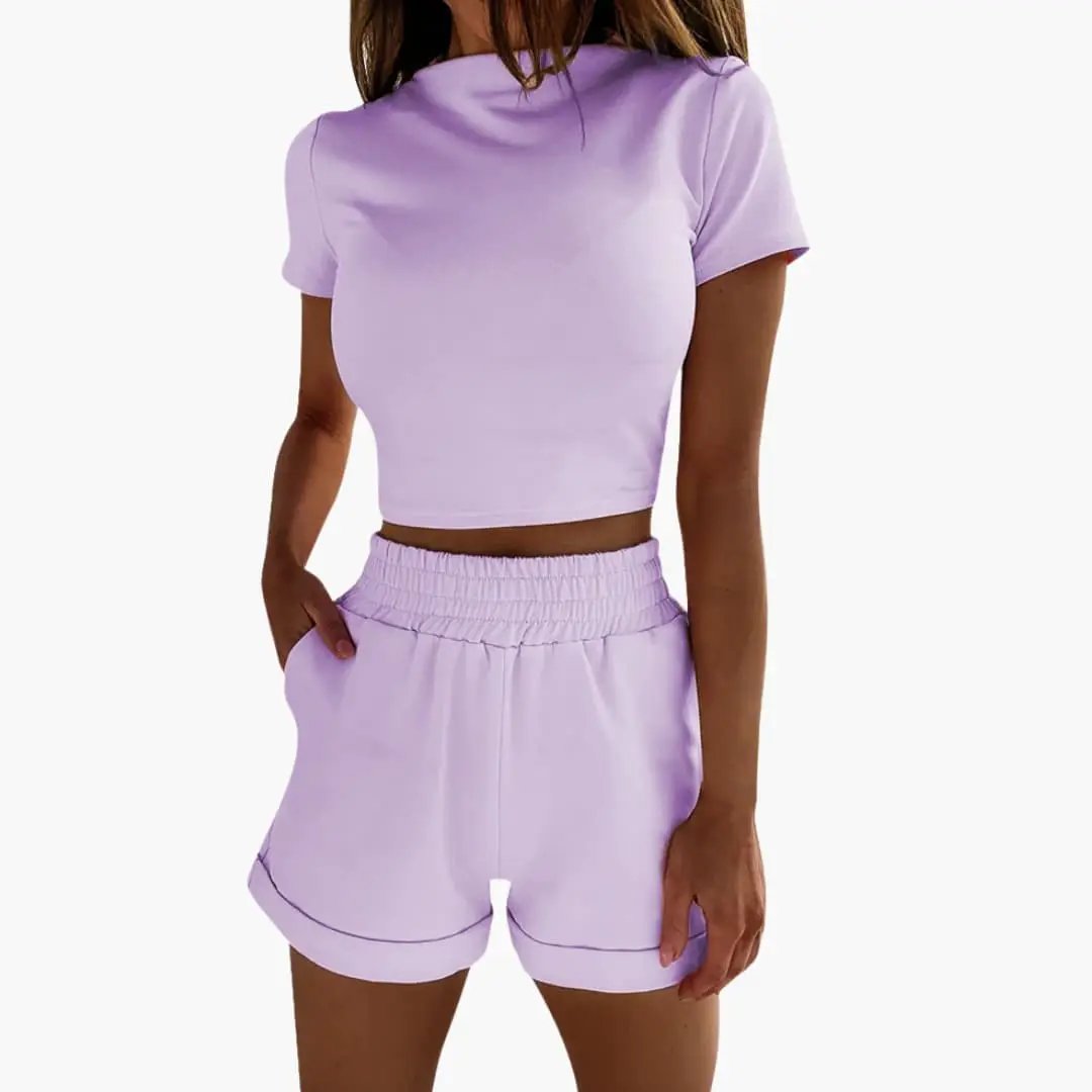 Women's lavender crop top and shorts two-piece set with elastic waistband