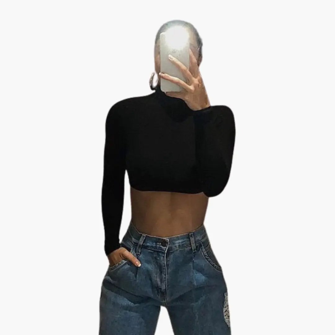Women's Crop Top by Wilfred Smith, black long-sleeve cropped top with high collar