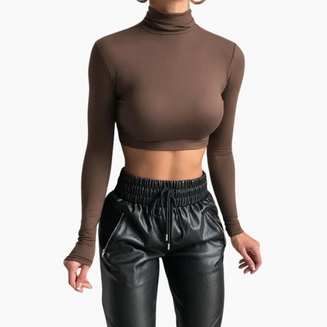 Women’s crop top with high collar and long sleeves in brown by Wilfred Smith